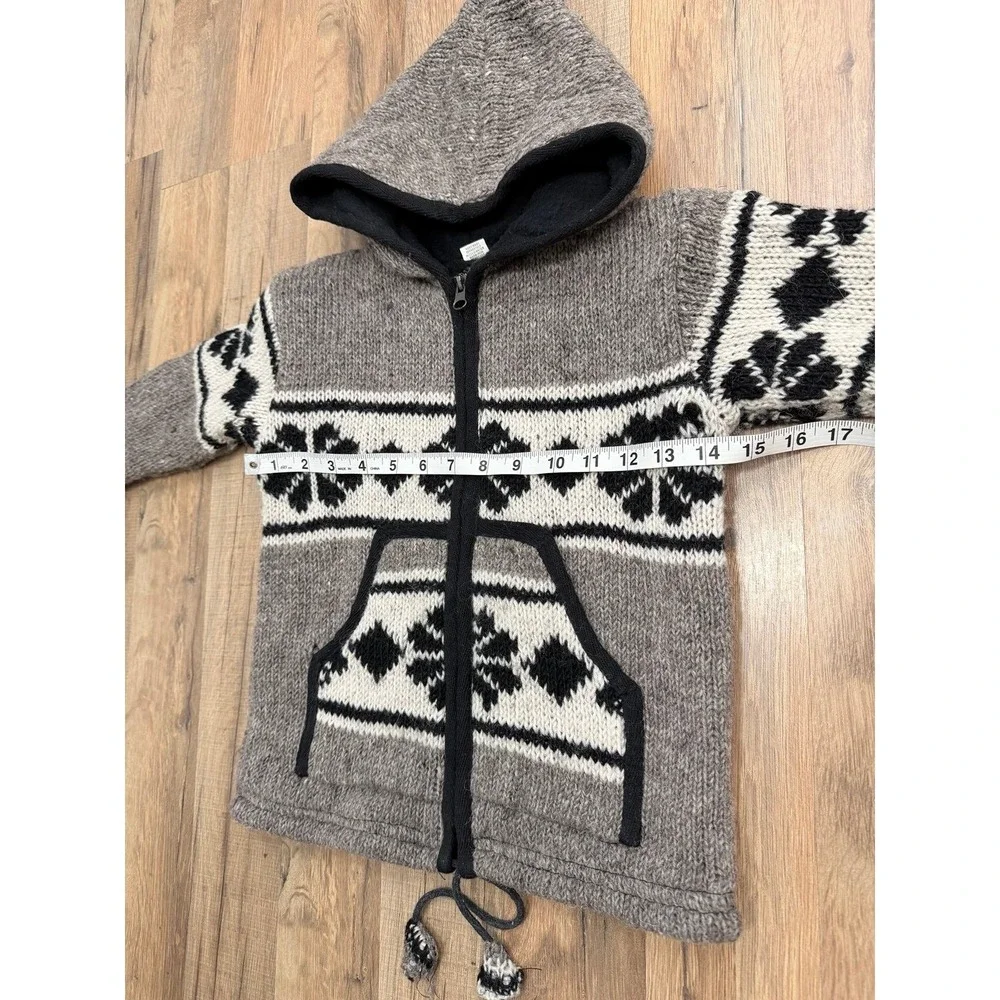 Handmade 100%‎ Wool Zip Up Hoodie Andean Sweater Gray Nepal Size L